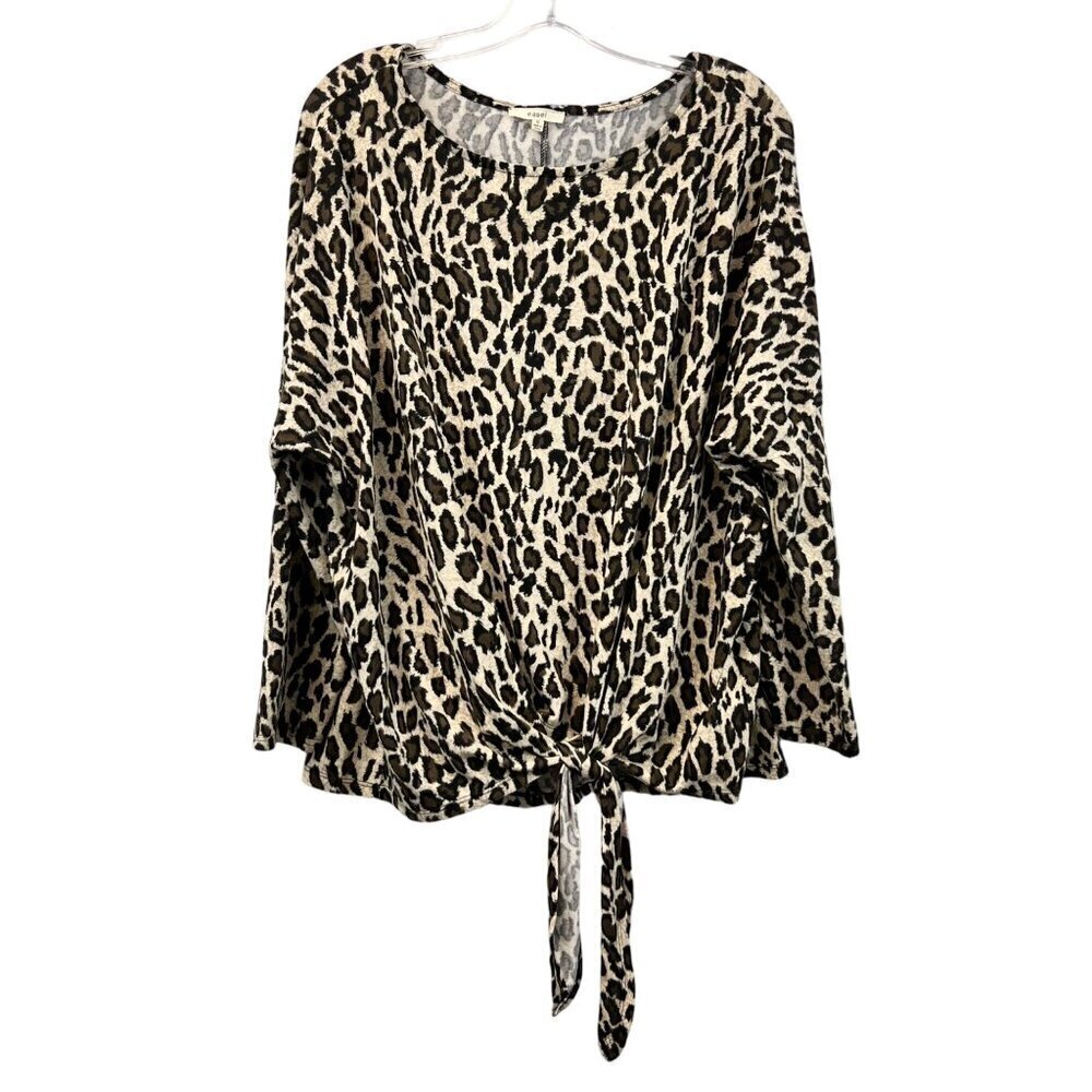 Easel Womens Long Sleeve Knotted Front Leopard Print Sweater Round Neck S
